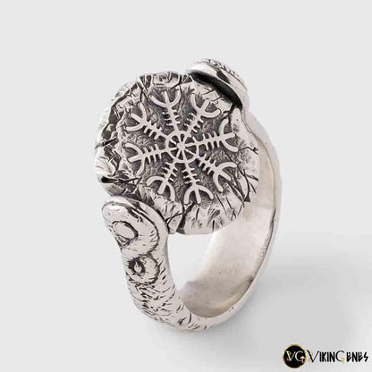 Double Sided Vegvisir & Helm of Awe Silver Ring