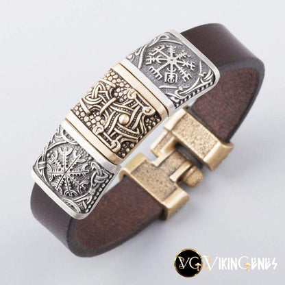 Viking Leather & Bronze Helm of Awe - Mjolnir - Vegvisir bracelet