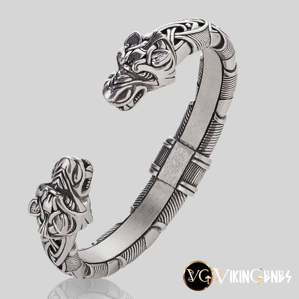 Sterling Silver Norse Metal Arm Ring With Wolf Heads