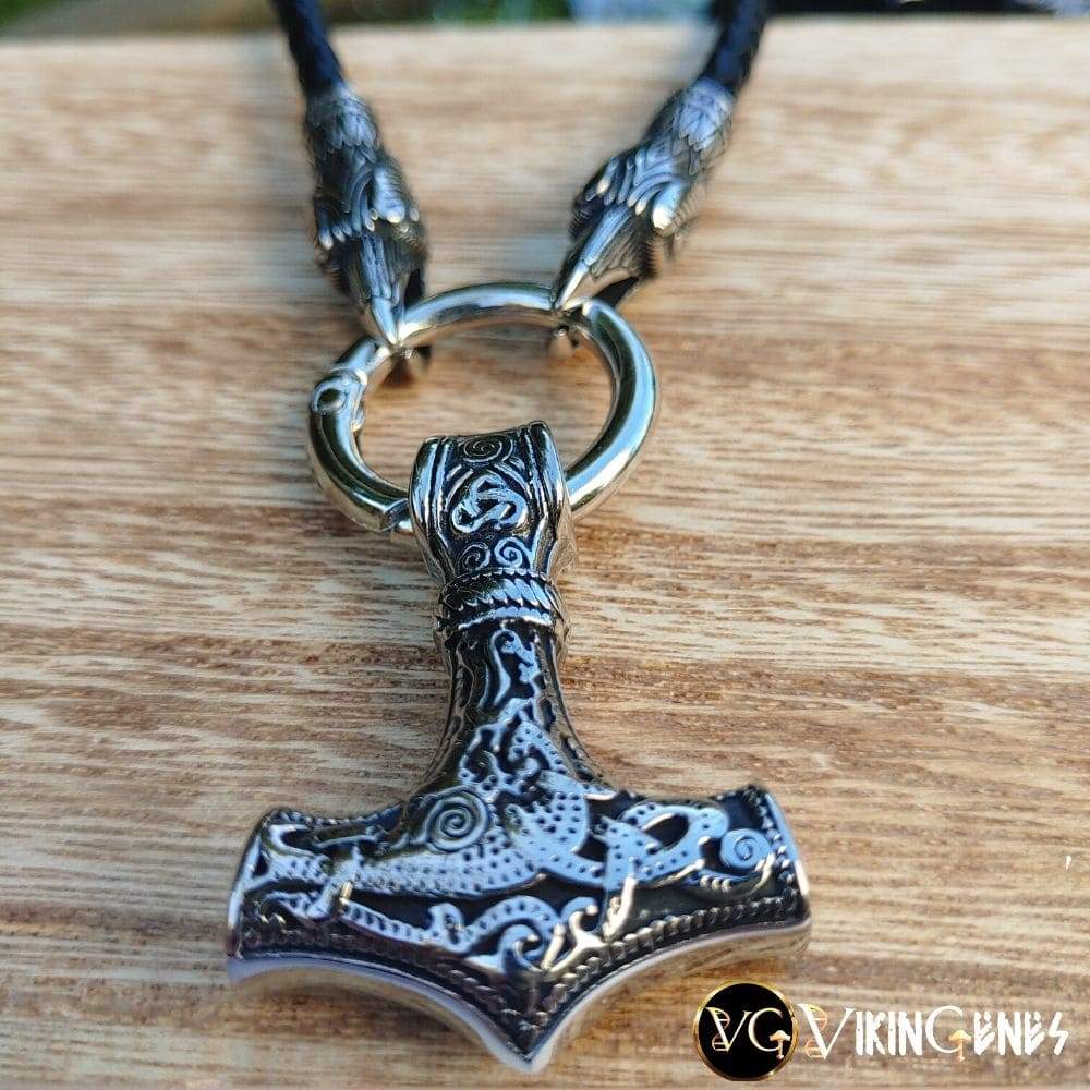 Raven Heads & Thor's Hammer Leather Necklace