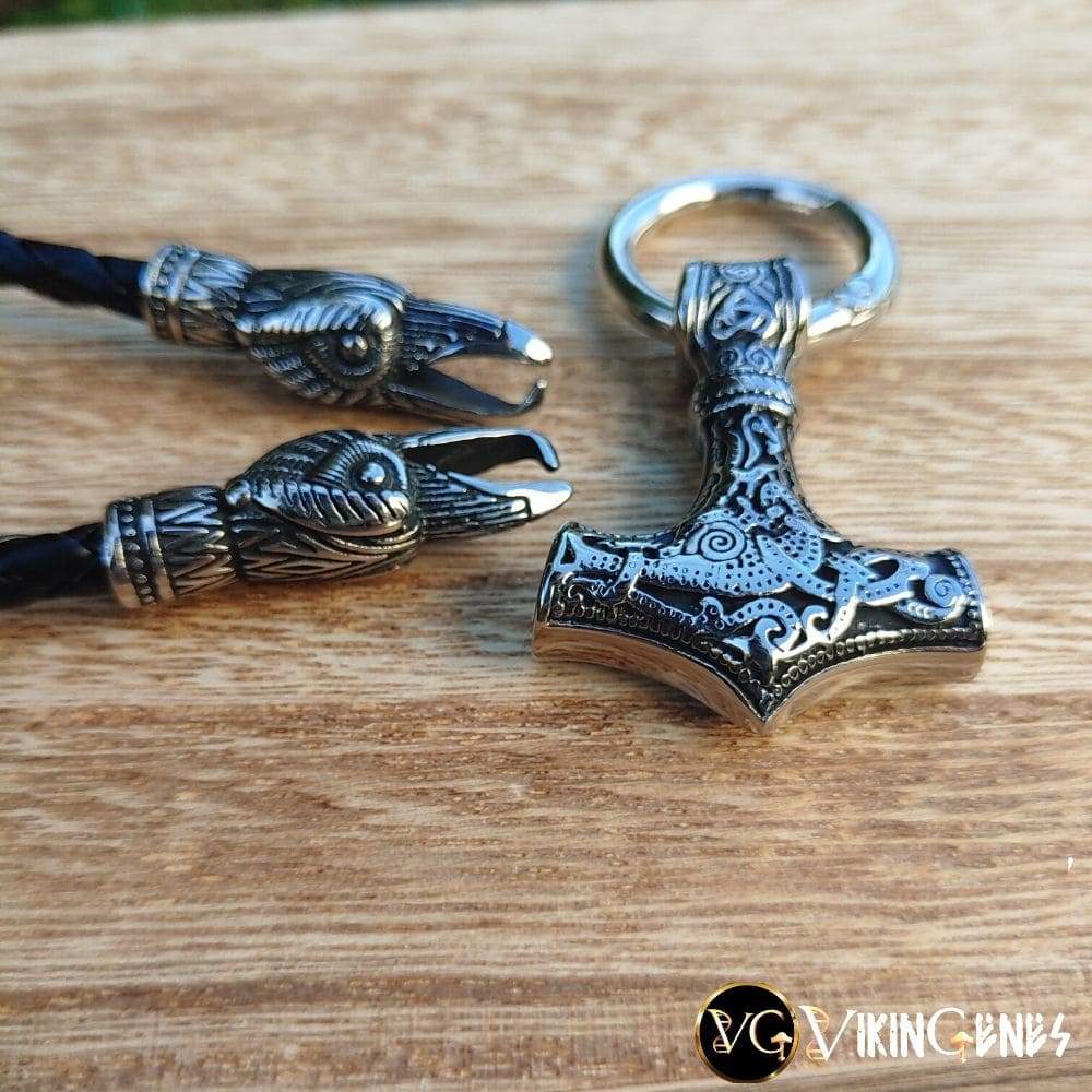 Raven Heads & Thor's Hammer Leather Necklace