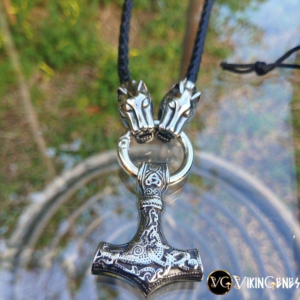 Wolf Heads & Thor's Hammer Leather Necklace