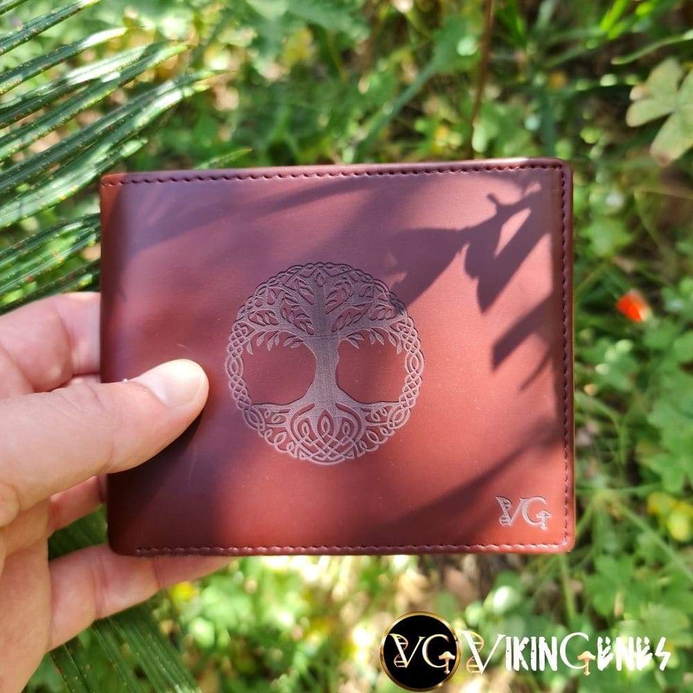 Handmade Tree Of Life Red Wine Leather Wallet