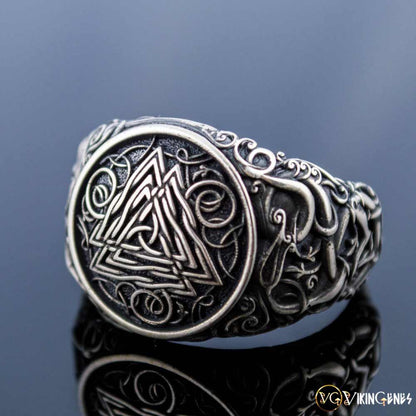 Sterling Silver Valknut with Urnes RING