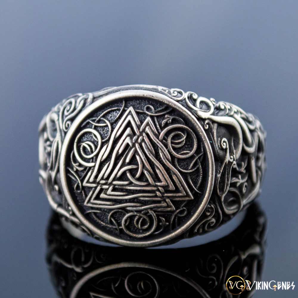 Sterling Silver Valknut with Urnes RING