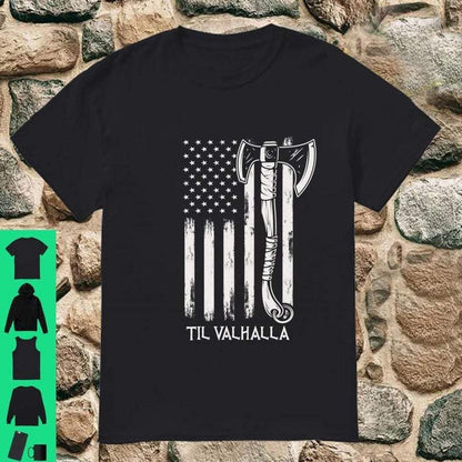 American Viking Shirt, Viking Axe American Flag Til Valhalla Norse Mythology Langarmshirt Shirt, Gift For Friends, Unisex Tee