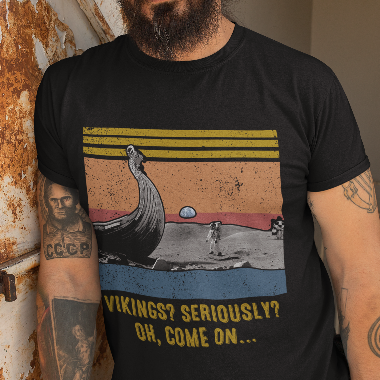 Vikings Ship on the Moon Retro Valhalla Viking T Shirt